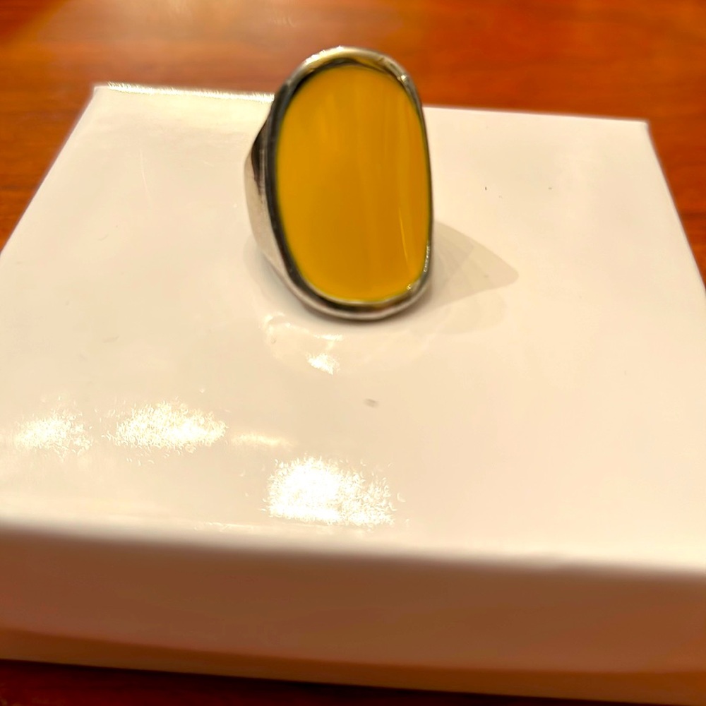 Yellow silver tone ring oval statement boho bohemian artisan retro